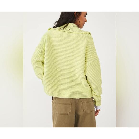 Free People Marlie Oversized Sweater Green Womens Size XS Ribbed Baggy Fringe - Picture 4 of 7